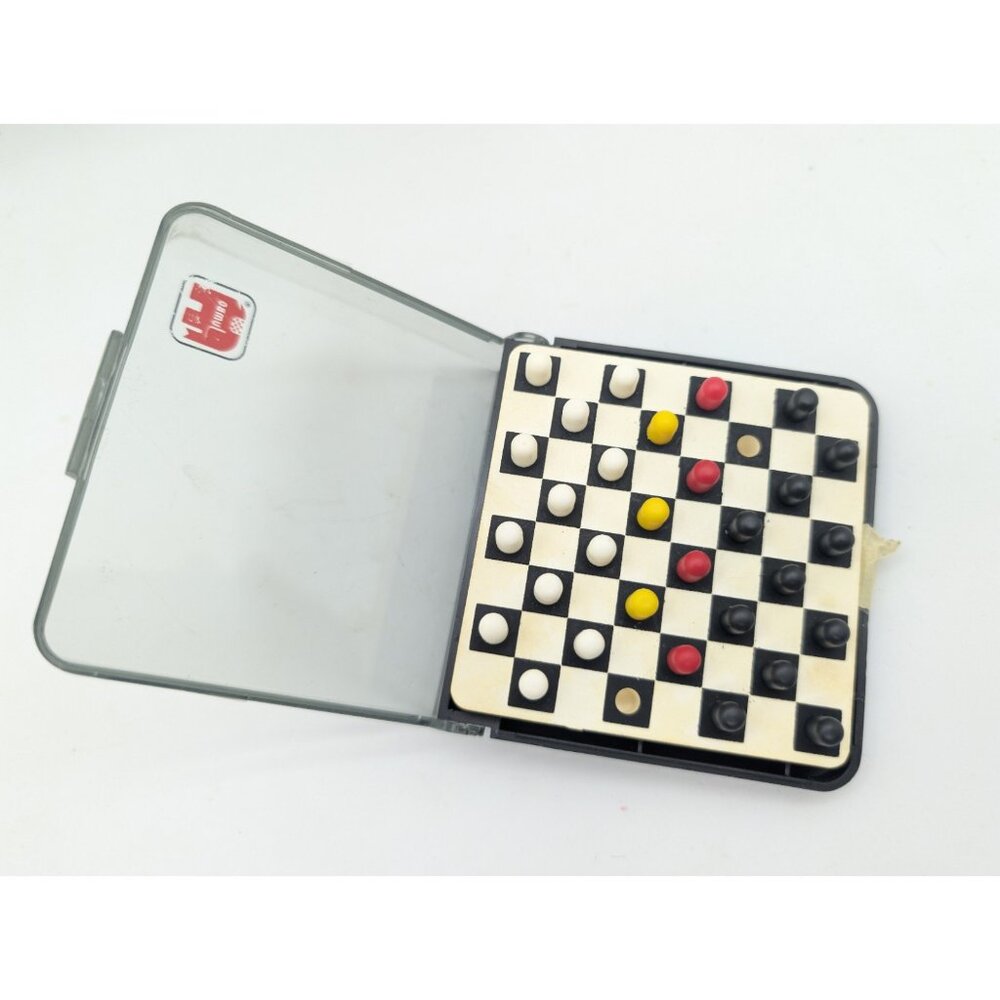 vtg JUMBO Mini Play Draughts Travel Game In Case missing one of each color READ